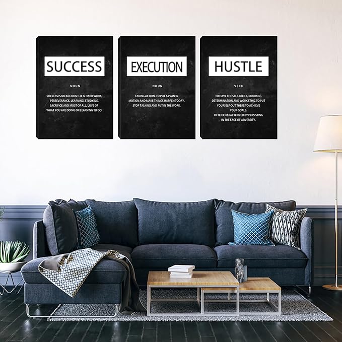 Unbruvo Motivational Canvas Wall Art - 3 Panel Inspirational Wall Decor, Hustle Success Office Decor, Hustle Success Poster for Living Room, Bedroom, Classroom(60" Wx28 H)