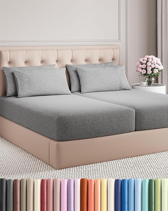 Split King 7 Piece Sheet Set - Cooling & Breathable Bed Sheets - Hotel Luxury Bed Sheets for Women, Men, Kids & Teens - Deep Pockets - Easy Fit - Soft & Wrinkle Free - Split King Heathered Grey Sheets