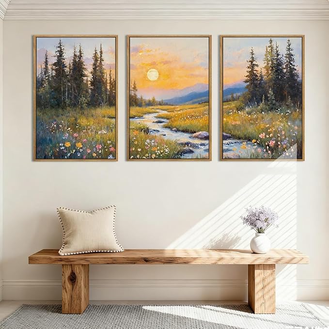 IARTTOP Extra Large Mountain Landscape Wall Art Framed 24x36 Inch Abstract Forest Canvas Wall Decor Sunset Nature Scenery Artwork for Living room Bedroom Set of 3