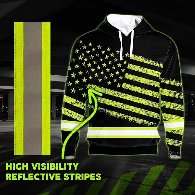 US Flag High Visibility Hoodie for Men Reflective Hoodie Safety Workwear for Worker Runner Patriotic ACC02