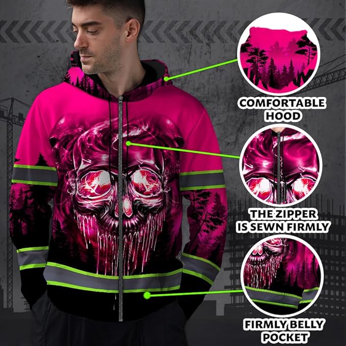 Maddly Hi Vis Reflective Zip Up Hoodie, High Visibility Safety Jacket with Skull Design for runner, worker, trucker, cyclist