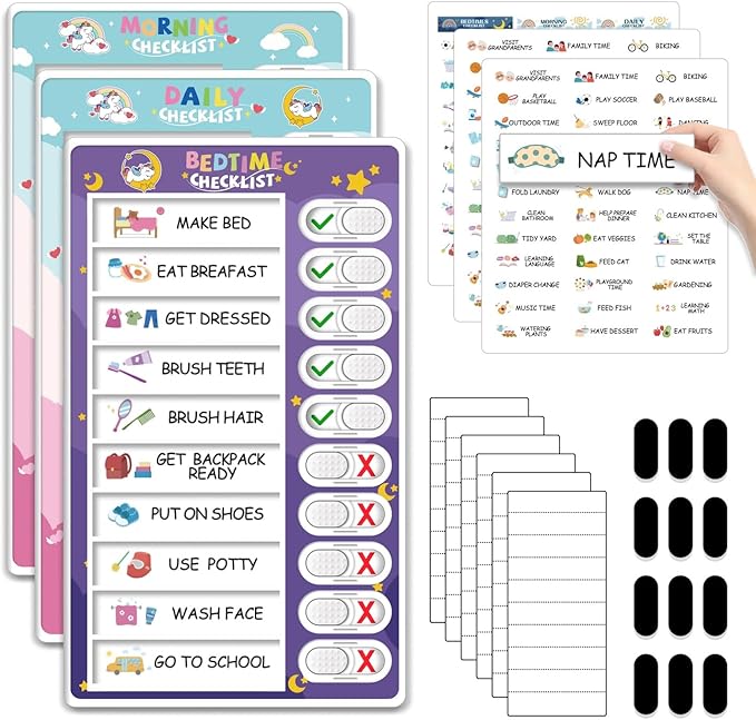 3-in-1 Bedtime/Morning/Daily Routine Chart for Kids, Magnetic Chore Chart, Visual Schedule, Funny Kids To-Do List, ADHD Tools