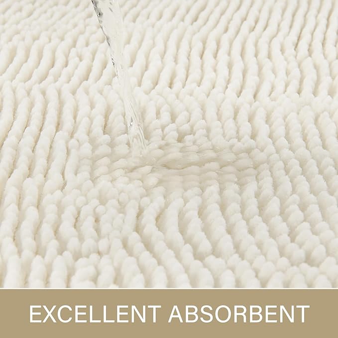 LOCHAS Luxury Bathroom Rug Shaggy Bath Mat 24 x 70 Inch, Washable Non Slip Bath Rugs for Bathroom Shower, Soft Plush Chenille Absorbent Carpets Mats, Cream White