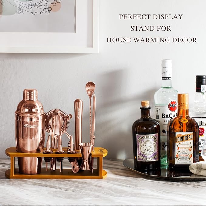 KITESSENSU Cocktail Shaker Set Bartender Kit with Stand - Drink Mixer Bar Set with All Essential Bar Accessory Tools - Martini Shaker Jigger Strainer Mixer Spoon Muddler Liquor Pourers - Rose Gold