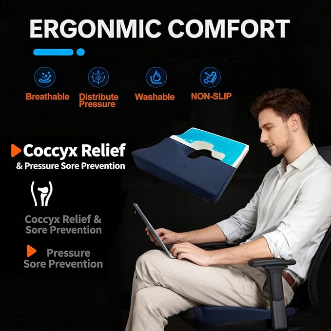 Gel Wheelchair Seat Cushion,Bed Sore Cushions for Butt,Chair Pressure Sore Cushion,Memory Foam Butt Pillow for Bed,Pressure Ulcer Pain Relief, Sciatica,Coccyx, Non-Slip Washable Cover(Blue)