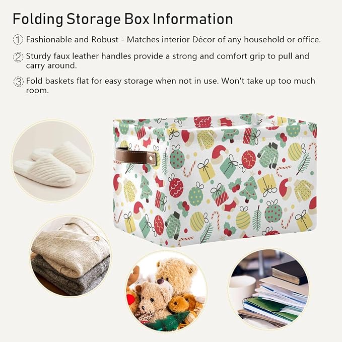 Christmas Storage Basket Tree Candy Canes Socks and Gift Storage Bins Organizer Bag Collapsible Closet Shelf Baskets Cube with handle for Cloth Book 14.2×10.2×8.3 IN