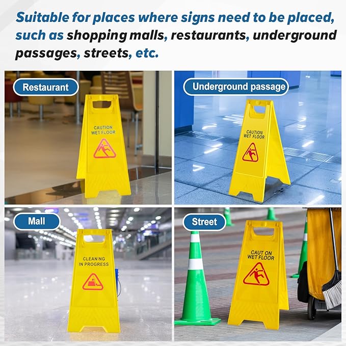 4 Pack 24 Inch Blank Floor Sign Yellow A-frame Foldable Caution Sign Write-On Double Sided Safety Warning for Pool Restaurant Restroom Office