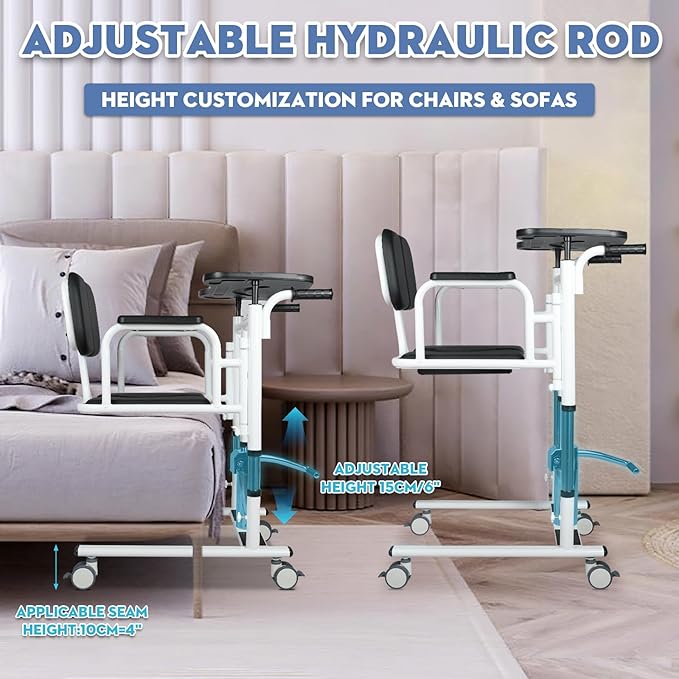 Drexo Patient Lift Transfer Chair, 5 in 1 Patient Lift Chair with 180°Split Seat, Height Adjustable Patient Transfer Chair with 4 Casters for Home Seniors Elderly, Load 450Lbs (Non-Fold, Silver)