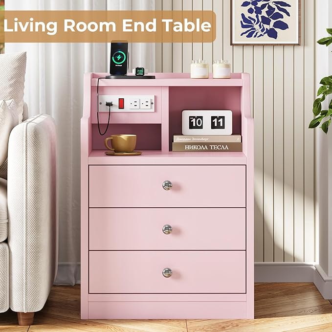 ADORNEVE Nightstand with Charging Station,Pink Night Stand with Hutch,Bedside Table with Drawers,Bed Side Table with Storage