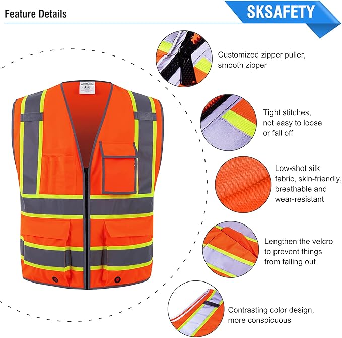 SKSAFETY 10 Pockets Safety Vest, Class 2 High Visibility Security with Zipper, Hi Vis Vest with Reflective Strips, ANSI/ISEA Standard, Construction Work Vest for Men ＆ Women （Orange, XL）