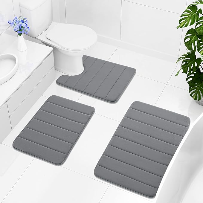 Buganda Memory Foam U-Shaped Contour Toilet Rugs, Non Slip Absorbent, Thick Soft Washable Bathroom Mat, Floor Carpet Bath Rugs Mat for Toilet Base (24" x 24", Grey)