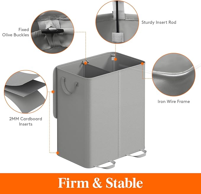 Lifewit Double Laundry Hamper with Lid and Removable Laundry Bags, Large Collapsible 2 Dividers Dirty Clothes Basket with Handles for Bedroom, Laundry Room, Closet, Bathroom, College, 155L Silver Gray