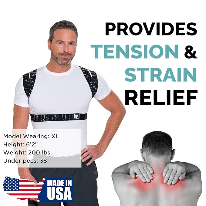 BackEmbrace Posture Corrector for Women and Men - Made in USA - Slim and Adjustable Shoulder Brace - Back Brace for Back Pain Relief - Black Drizzle XL