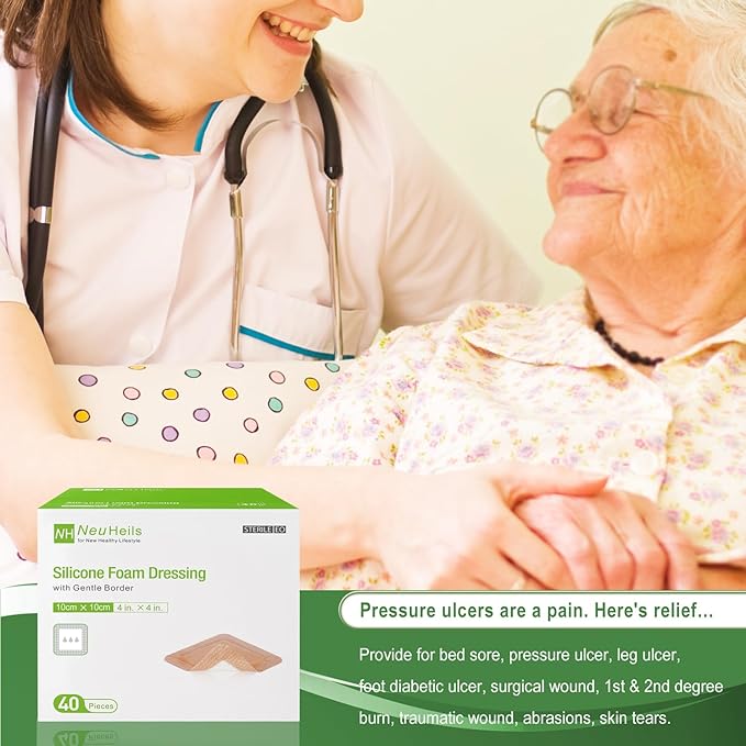 NeuHeils Silicone Foam Dressing with Gentle Border 4''x4'', 40 Pack - High Absorbency Waterproof Wound Bandage for Bed Sores, Leg Ulcers & Surgical Wounds