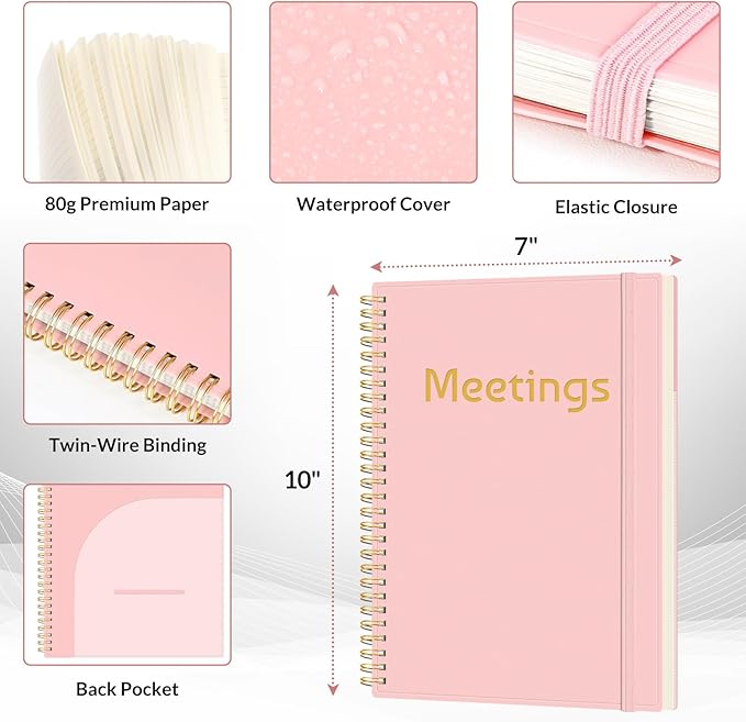 SUNEE Half Meeting Half Note 7"x10" Notebook for Work – 140 Pages, B5 Size Project Planner for Women&Men, Minutes Organizer for Meeting Notes, Ideas for Office/Business, PVC Waterproof Cover, Pink