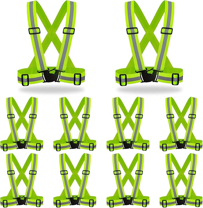 DUSKCOVE 10 Pack Hi Vis Safety Vests - Adjustable Bright Neon Color High Visibility Reflective Safety Straps Gear for Traffic Control, Running, Cycling