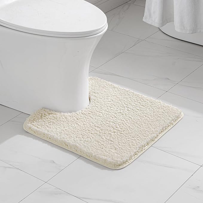 MIULEE Microfiber Toilet Bath Mat U-Shaped Contour Shaggy Bathroom Rugs Non Slip Extra Thick Soft Bath Rug Absorbent Water for Bathroom Commode Machine Washable(20x24 Inch, Ivory)