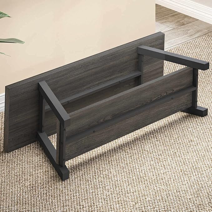LVB Storage Bench, Industrial Indoor Entryway Bench, Wood Metal Hallway Accent Bench for Sitting, Rustic Shoe Rack Organizer Cabinet in Foyer Bedroom Living Room, Dark Gray Oak, 47 Inch Long