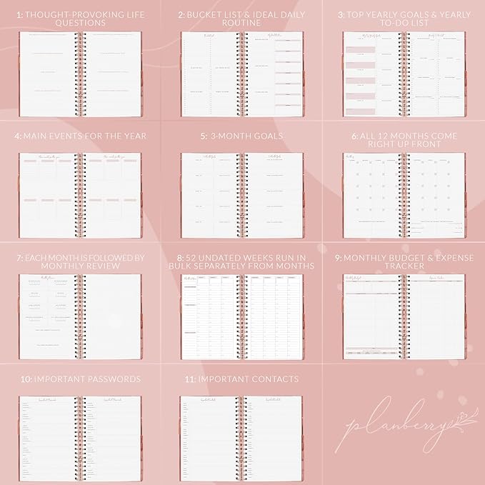 PLANBERRY Hourly Schedule Planner Premium – Undated Weekly Organizer with Time Slots & Monthly Budget – Time Management, Goal Setting, to-Do List & Habit Tracker –6.9″x8.5″(Rose Gold)