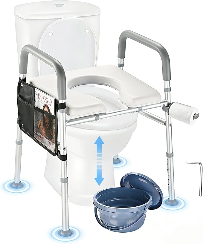 AW Raised Toilet Seat Riser Adjustable Height 16" to 21" Padded Bedside Commode Bedpan with Handles Aluminum 375 Lbs Capacity Fit Any Toilet for Elderly Seniors Disabled Handicapped