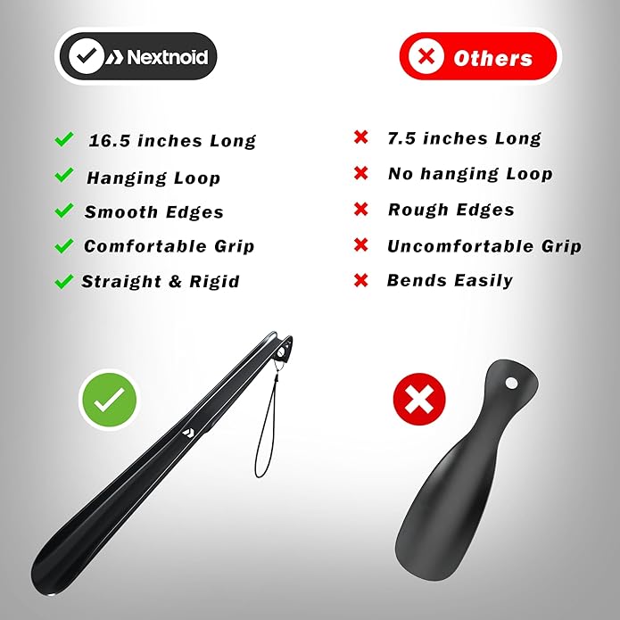 Nextnoid Shoe Horn Long Handle for Seniors - 16.5" Straight & Sturdy Long Shoe Horn for Men, Women & Kids