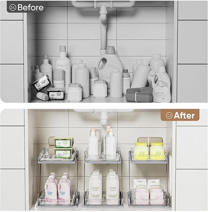 2 Pack Bathroom Organizers and Storage - Multi-Purpose,2-Tier Clear Pull Out Organization for Bathroom,Under Sink,Kitchen,Vanity,Countertop,Cabinet,Pantry & Medicine Cabinet,Grey