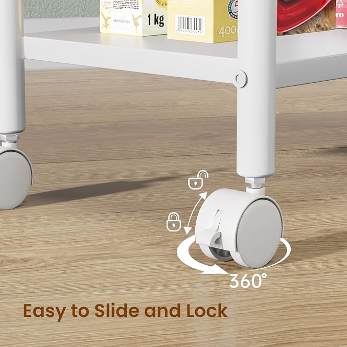Slim Rolling Cart, 4-Tier Narrow Storage Cart with Handle, 9.1 Inches Deep, Bathroom Shelf for Small Spaces, Kitchen, Dining Room, Living Room, Laundry Room, White