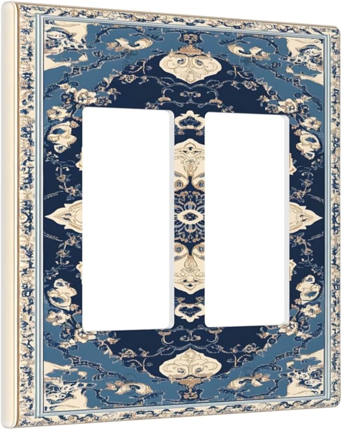 Decorative Outlet Covers Boho Beige Navy Blue Medallion 2 Gang Light Switch Cover Plate Double Rocker Wall Plate Gfci Switch Plate Covers for Country Bathroom Bedroom Decor