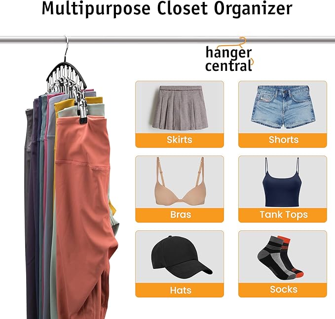 Hanger Central Legging Organizer for Closet – 2 Pack Metal Yoga Pants Hangers with 10 Non Slip Clips Each – Space Saving Hanging Closet Organizer for Clothes, Dorm Storage, Wardrobe – Black