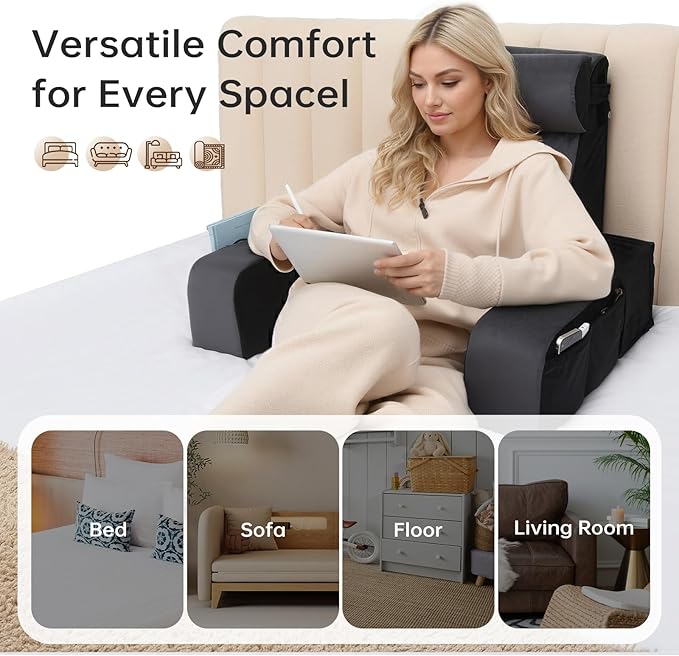 Vekkia 21" Adjustable Reading Pillow – 60° Ergonomic Wedge Backrest, 2 Large Side Pockets, Perfect for Tall Adults, Reading, TV, Gaming, Work, Nursing, Recovery