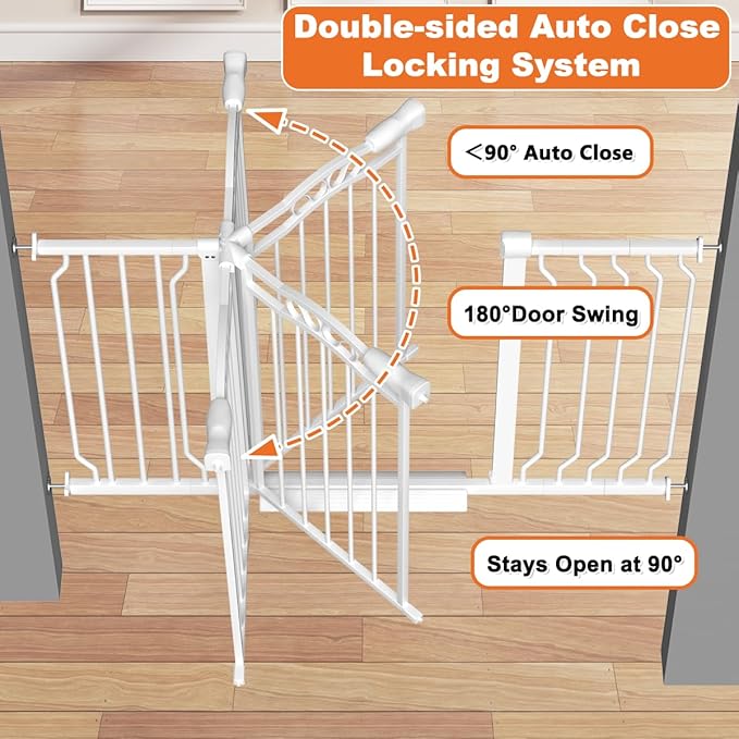 62.2-71.6" Extra Wide Baby Gate for Stairs No Drilling, 30" Tall Auto Close Press Mounted Dog Gates for Doorways, Adjustable Width Walk Through Long Gates for Kids or Pets, White
