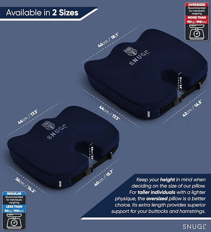 SNUGL Seat Cushion for Tailbone & Back Pain Relief – Orthopedic Memory Foam Coccyx Pillow for Office, Desk & Gaming Chairs – Sciatica & Hemorrhoid Treatment, Long Sitting Comfort (Regular Navy)