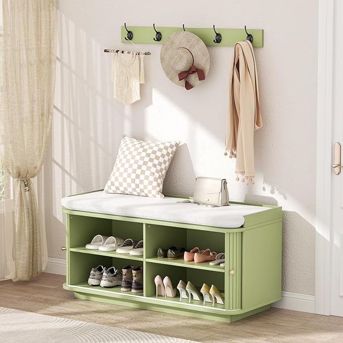Hall Tree with Bench and Shoe Storage, Entryway Bench with Sliding Door Cabinet, Removable Padded, Metal Wall Hooks and Adjustable Storage Compartments, for Entry, Hallway, Living Room, Green