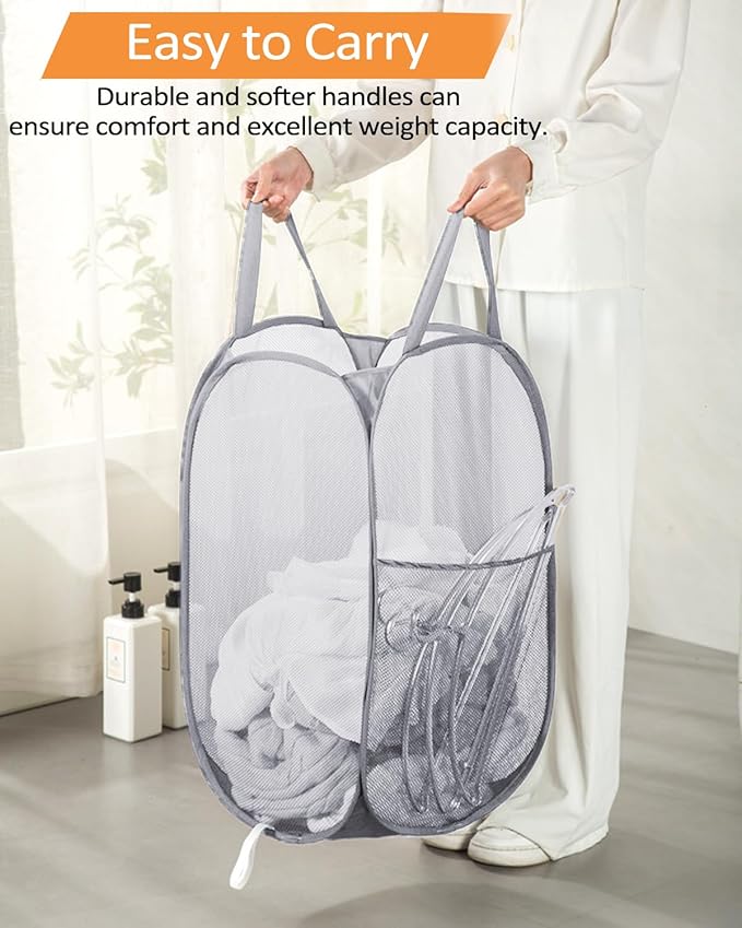 2 Pcs Durable Collapsible Laundry Baskets - Reinforced Mesh Pop Up Laundry Hamper with Pocket, Foldable Dirty Clothes Hamper with Carry Handles for Laundry, Bathroom, Kids Room, Dorm or Travel Grey