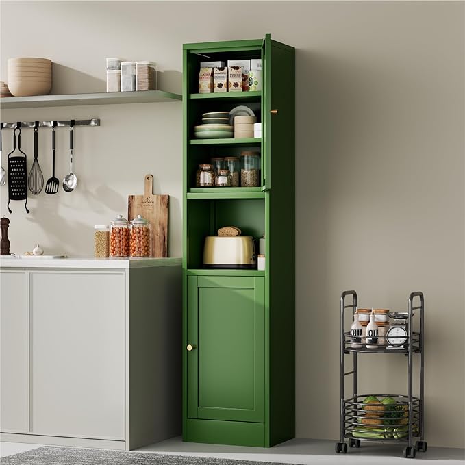 2-Door Metal Storage Cabinet, Tall Slim Pantry Organizer with 3 Adjustable Shelves (120LBS/Shelf), Anti-Tipping Waterproof Cabinet for Bathroom/Kitchen/Home Office/Small Spaces,(1PC,Green)