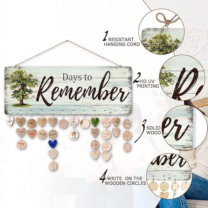 Grandma Gifts - DIY Wood Family Birthday Reminder Calendar - Days to Remember - Hanging Board for Important Dates Tracker Home Decorative Plaque Sign