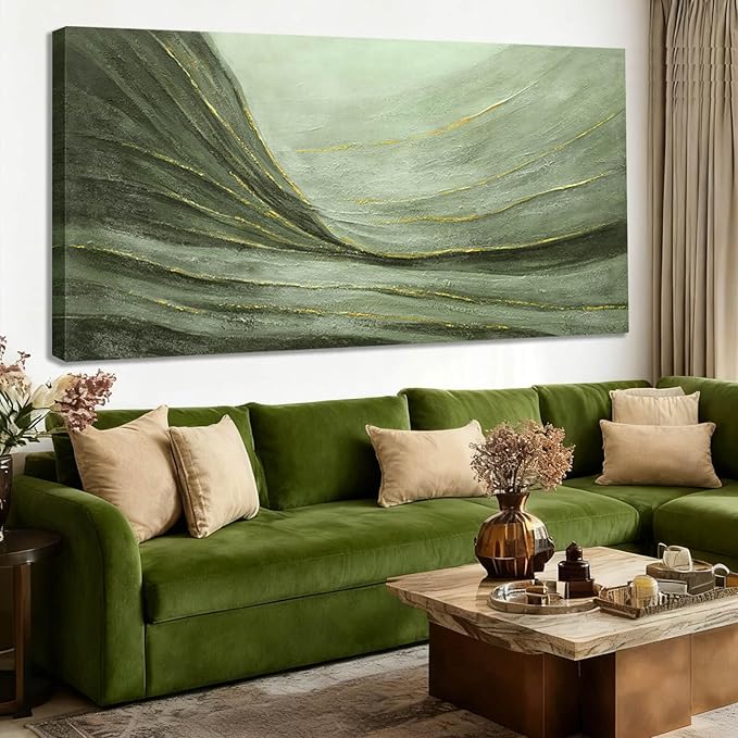 MLART99 Oversized Green and Gold Abstract Wall Art 29x58 Inch Modern Canvas Painting Minimalist Large Artwork for Living Room Bedroom Office Above Sofa Home Decoration