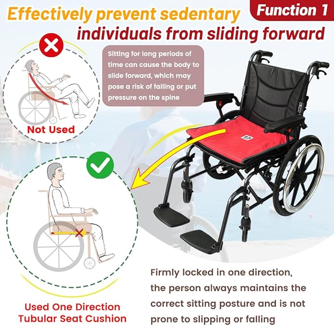 One Direction Tubular Seat Cushion with Handles for Fall Prevention,Non Slip Seat Cushion for Elderly/Disabled in Chair/Wheelchair,17"x17" (Red-Without Handles)