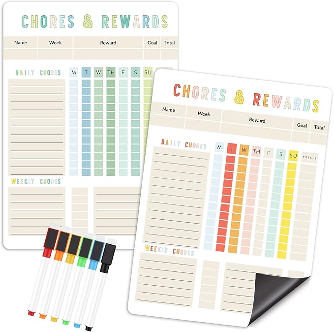 Magnetic Dry Erase Chore Chart - 8.5"x12" Behavior Responsibility Chore Board for Kids, Teenagers - 6 Extra Fine Point Markers Included - Shipped Flat 2 Pcs