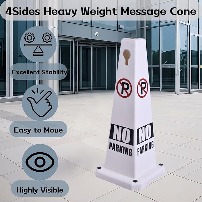 26.5" Caution Cones, 4-Sided Visible Safety Signs with Heavy Rubber Base, Warning for Slip & Fall Prevention, Indoor/Outdoor Use (4, No Parking-White, 26.5 inch)