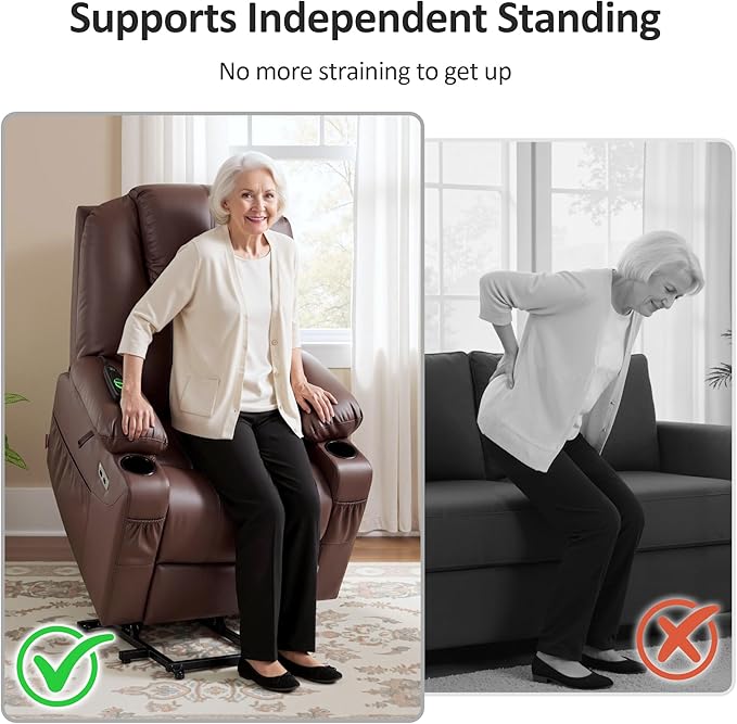 MCombo Power Lift Recliner Chair for Elderly, Lift Chair with Heat and Massage, FSC Certified, USB Ports, Cup Holders, Faux Leather 7141 (Light Brown, Small)