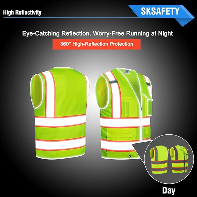 SKSAFETY 10 Pockets Safety Vest, Class 2 High Visibility Security with Zipper, Hi Vis Vest with Reflective Strips, ANSI/ISEA Standard, Construction Work Vest for Men ＆ Women （Lime, L）