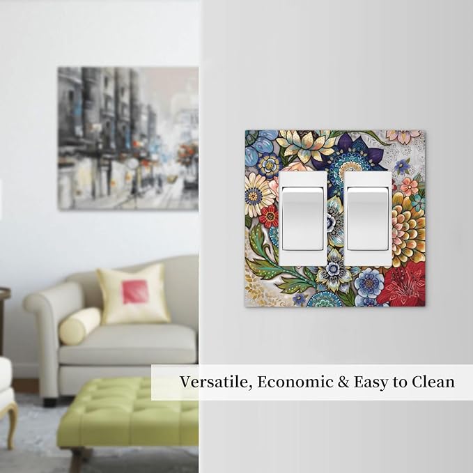 Boho Floral Colorful Floral Multi Color Flower Decorative Outlet Covers 2 Gang Double GFCI Rocker Electrical Wall Panels Light Switch Cover Plate for Bedroom Living Room Home Decor
