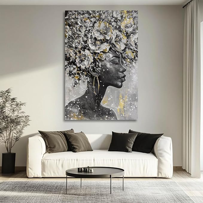 MLART99 Large Gold Flowers Painting for Office African American Black Woman Portraits for Bedroom 32"x 48" Posters for Room Aesthetic Grey Wall Hanging Decor for Living Room