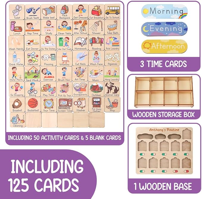 Personalized Wooden Daily Routine Chart, Visual Schedule, Routine Chart for Toddlers, Morning Bedtime Routine Chart for Toddlers (02)