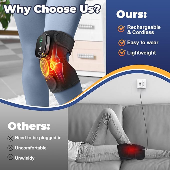 YUANBO Cordless Electric Heated Knee Massager, 3-in-1 Heated Knee Massager with Heat for Knee Elbow Shoulder Wrap with 3 Vibration & Heating Modes