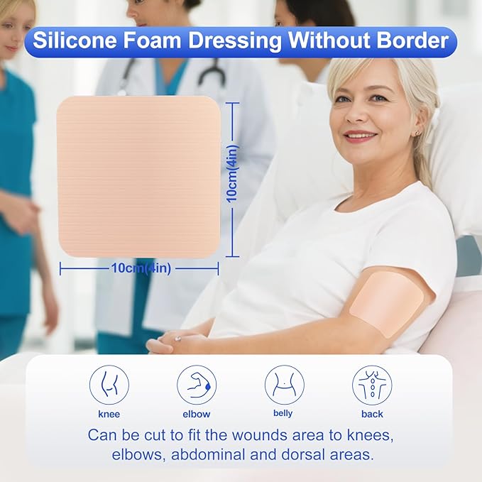 Silver Silicone Adhesive Foam Dressing Without Border, 4"×4" Ag Sterile Highly Absorbent Wound Dressing, 5 Count