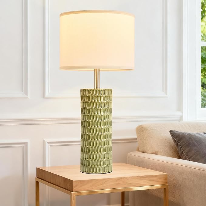 26.5" Ceramic Table Lamp, Table Lamp for Living Room, Green Lamp for Bedroom, Night Stand Lamps, Modern Bedside Lamp Set of 2, End Table Lamps, Green