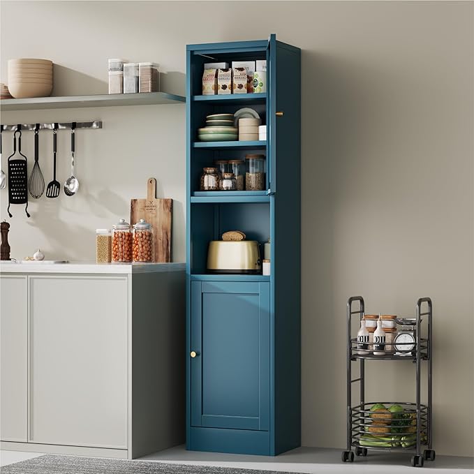 2-Door Metal Storage Cabinet, Tall Slim Pantry Organizer with 3 Adjustable Shelves (120LBS/Shelf), Anti-Tipping Waterproof Cabinet for Bathroom/Kitchen/Home Office/Small Spaces,(1PC,Blue)