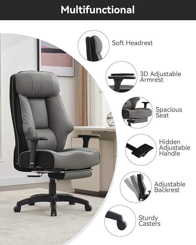 DJ·Wang Big and Tall Office Chair 400lbs with Foot Rest, High Back Executive Office Chair with Extra-Thick Spring Cushion, Ergonomic Leather Chairs Dark Gray
